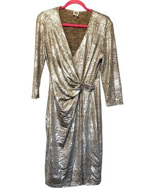 Anne Klein Silver Metallic Faux Wrap Dress With Buckle Detail V-Neck 3/4 Sleeves
